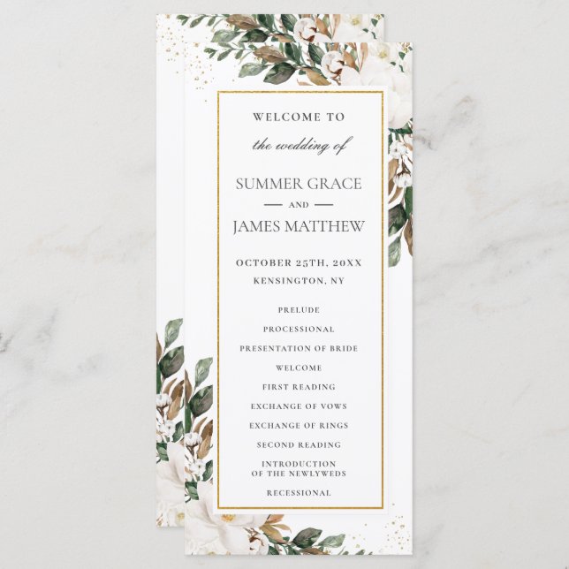 Elegant Ivory Magnolia Floral Greenery Wedding Program (Front/Back)