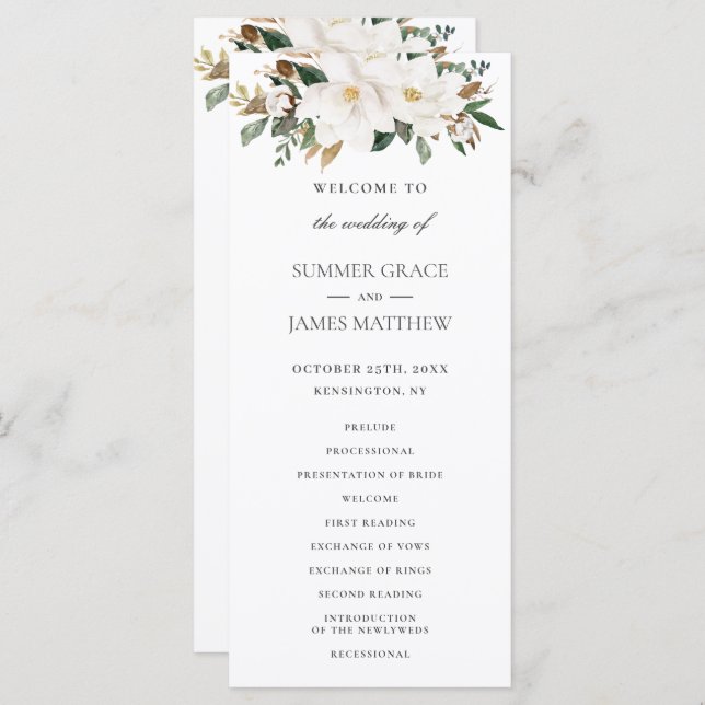 Elegant Ivory Magnolia Floral Greenery Wedding  Program (Front/Back)