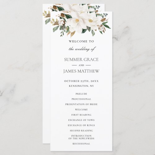 Elegant Ivory Magnolia Floral Greenery Wedding  Program