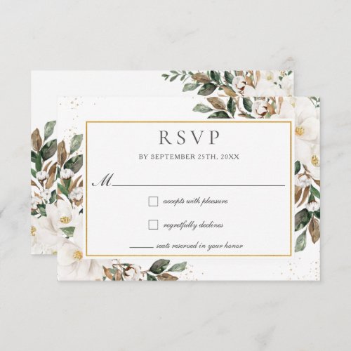 Elegant Ivory Magnolia Floral Greenery Wedding   RSVP Card