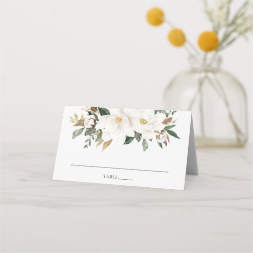 Elegant Ivory Magnolia Greenery Wedding Guest Name Place Card