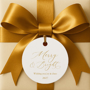 Elegant Ivory “Merry & Bright” Gold Script Favor Tags