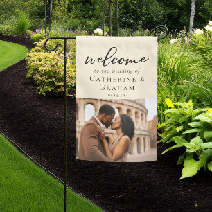 Elegant Ivory Minimalist Couple Photo Wedding Garden Flag