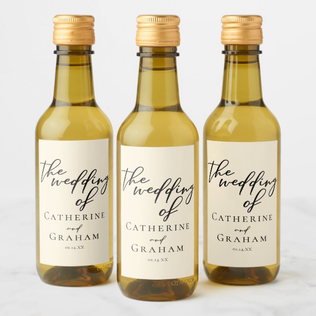 Elegant Ivory Minimalist Typography Wedding Mini Wine Label (Bottles)