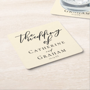 Elegant Ivory Minimalist Wedding Personalized Square Paper Coaster