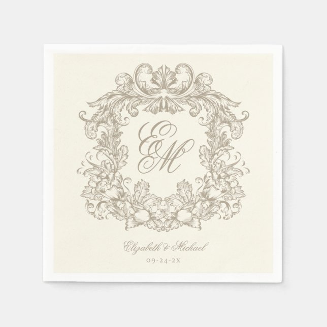 Elegant Ivory Monogram Crest Script Wedding Napkins (Front)