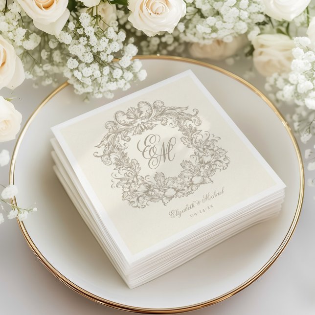 Elegant Ivory Monogram Crest Script Wedding Napkins (Creator Uploaded)