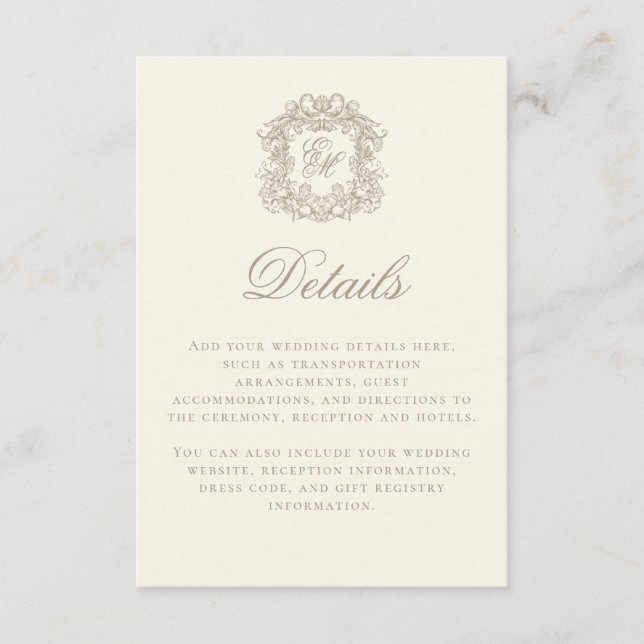 Elegant Ivory Monogram Crest Wedding Details Enclosure Card (Front)