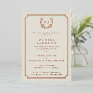 Elegant Ivory Monogram + Laurel Wreath Graduation Foil Invitation