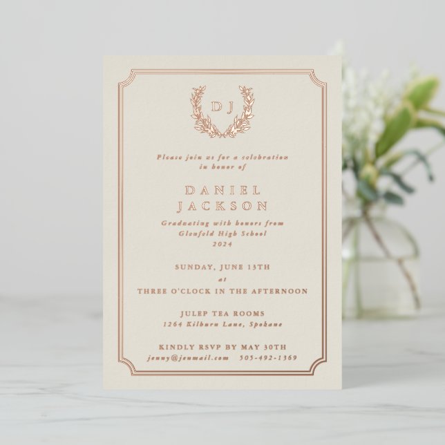 Elegant Ivory Monogram + Laurel Wreath Graduation Foil Invitation (Standing Front)
