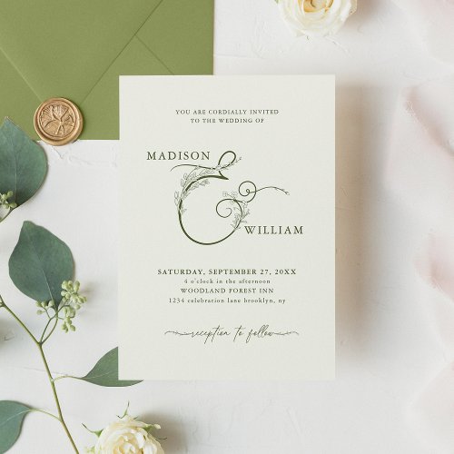 Elegant Ivory Moss Green Floral Ampersand Wedding Invitation
