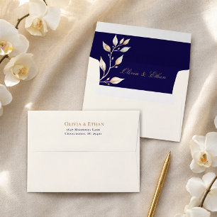 Elegant Ivory Navy Gold Botanical Wedding Envelope