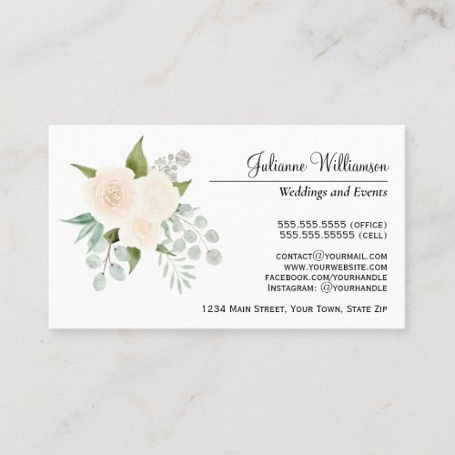 Elegant Ivory or Peach Watercolor Roses  Greenery Business Card
