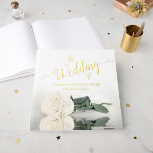 Elegant Ivory or White Rose Large Wedding Foil Foil Guest Book