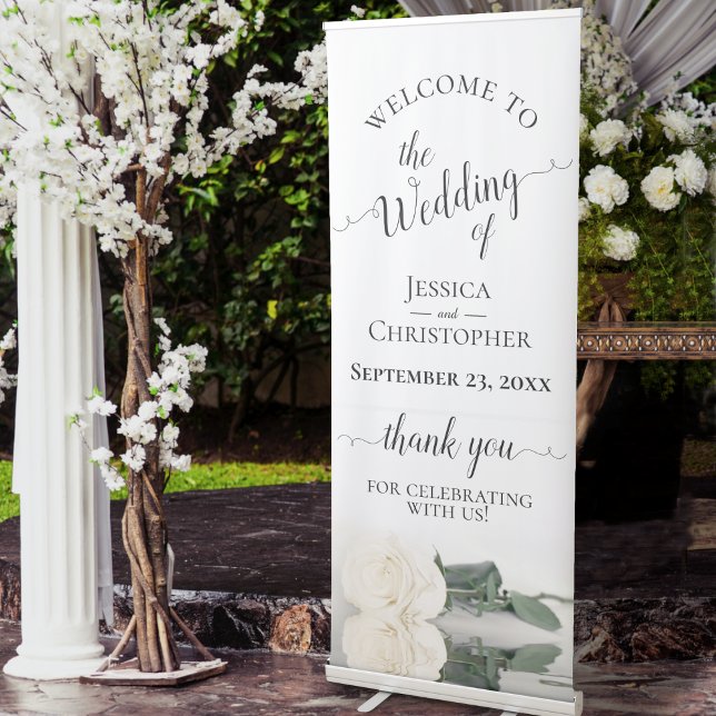 Elegant Ivory or White Rose Wedding Welcome Retractable Banner (In Situ with Flowers)