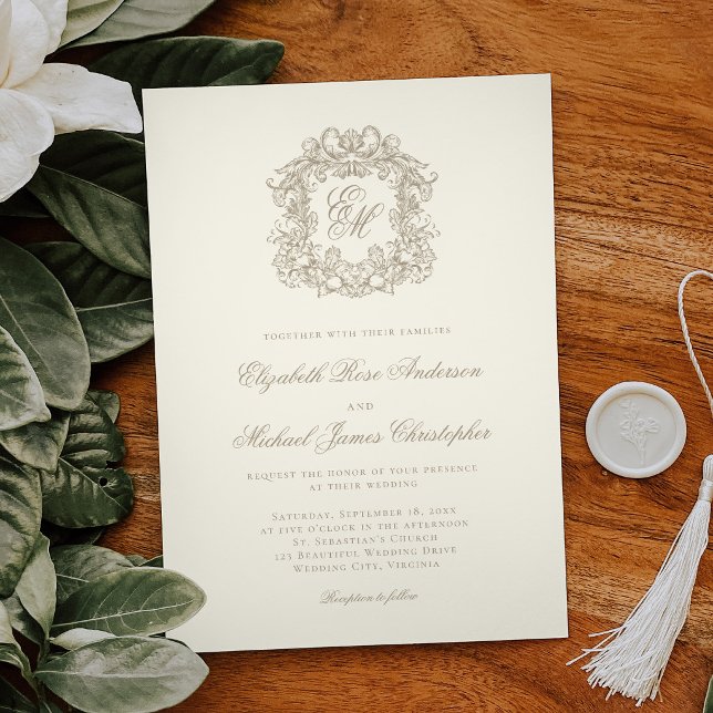 Elegant Ivory Ornate Monogram Crest Wedding Invitation (Creator Uploaded)