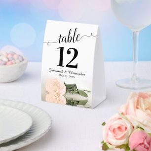 Elegant Ivory Peach Rose Wedding Table Number Paper Table Tent