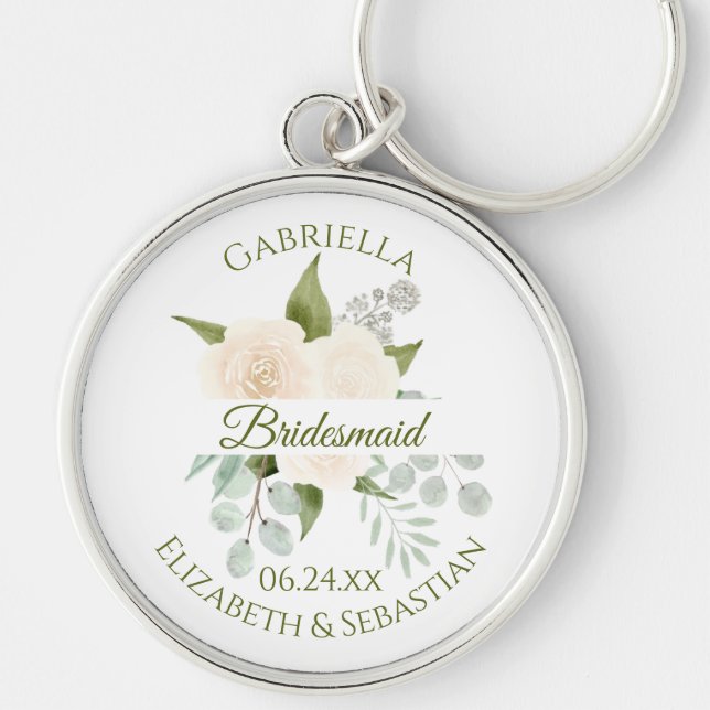 Elegant Ivory Peach Roses Bridesmaid Wedding Keych Keychain (Front)