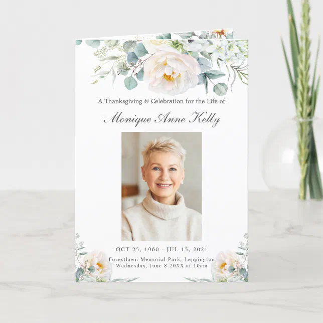 Elegant Ivory Peony Floral Greenery Photo Funeral Program | Zazzle
