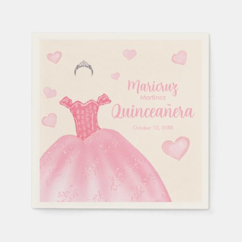 Elegant Ivory Pink Dress Tiara Hearts Quinceaera Napkins