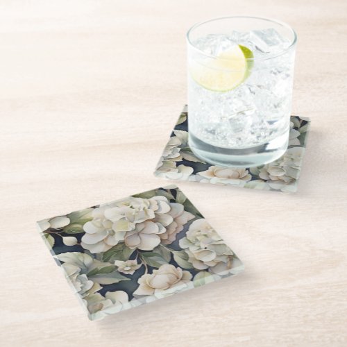 Elegant ivory pink green navy watercolor floral glass coaster
