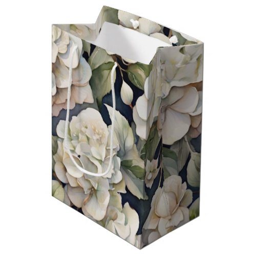 Elegant ivory pink green navy watercolor floral medium gift bag