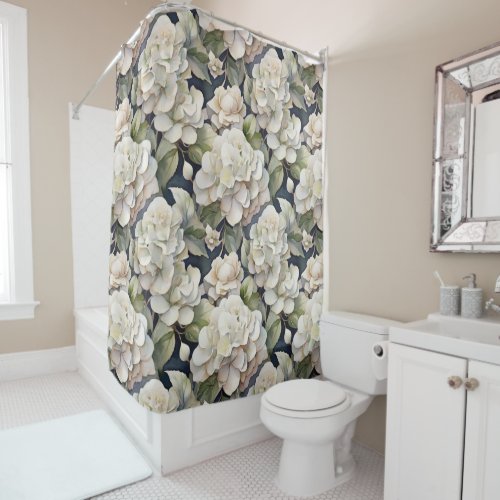 Elegant ivory pink green navy watercolor floral shower curtain
