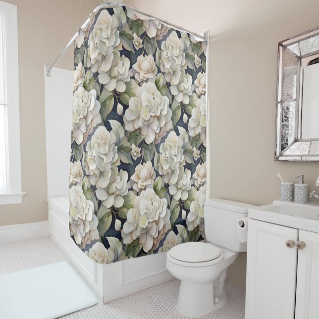 Elegant ivory pink green navy watercolor floral shower curtain (In Situ)
