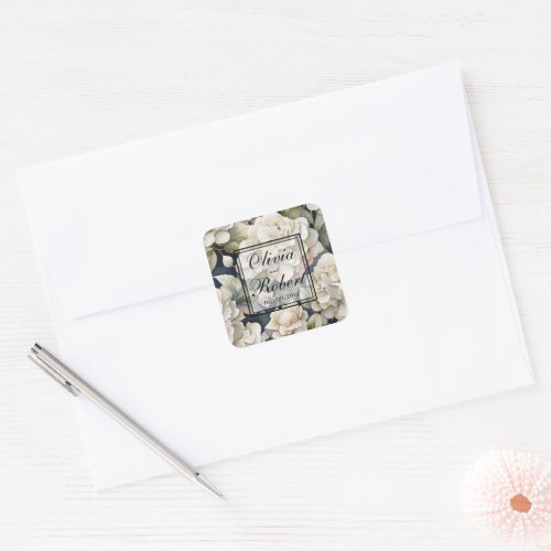 Elegant ivory pink green navy watercolor floral square sticker