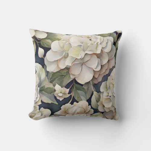 Elegant ivory pink green navy watercolor floral throw pillow