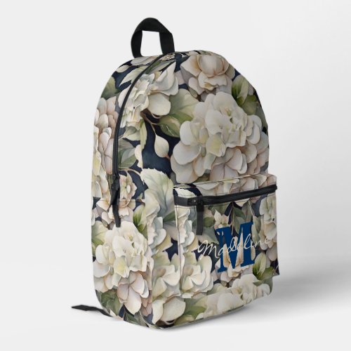 Elegant ivory pink navy watercolor floral monogram printed backpack