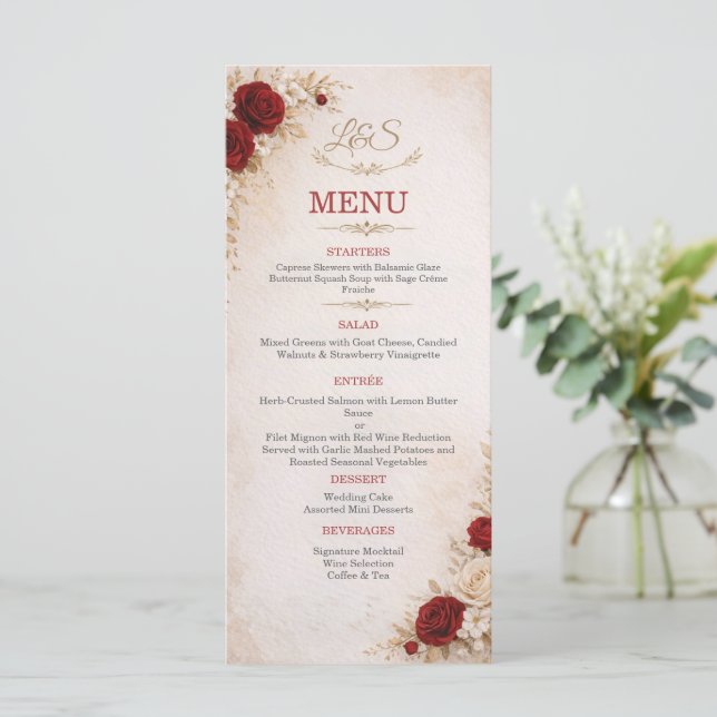 Elegant Ivory & Red Floral Wedding Menu Card (Standing Front)