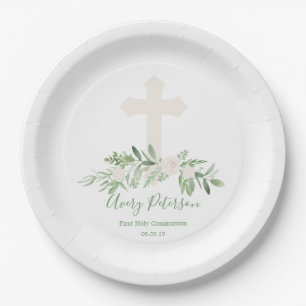 Elegant Ivory Rose Cross First Holy Communion Paper Plates
