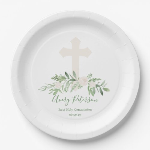 Elegant Ivory Rose Cross First Holy Communion Paper Plates