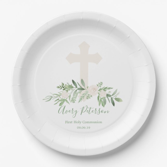 Elegant Ivory Rose Cross First Holy Communion Paper Plates (Front)