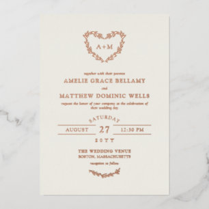 Elegant Ivory & Rose Gold Heart Wreath Wedding Foil Invitation