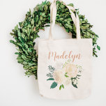Elegant Ivory Rose Greenery Bouquet Name Tote Bag<br><div class="desc">Soft ivory and cream watercolor roses with lush deep greenery create a gorgeous bouquet beneath a personalized name in warm rose gold script. A refined and versatile monogram design that makes a beautiful bridesmaid proposal gift,  birthday present,  or everyday accessory for any woman. Name is fully customizable.</div>