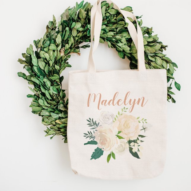 Elegant Ivory Rose Greenery Bouquet Name Tote Bag (Creator Uploaded)