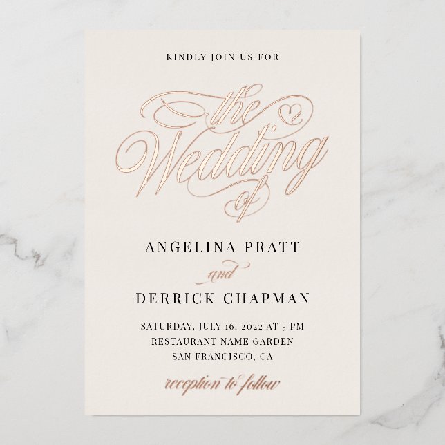 Elegant Ivory Rose Script Wedding Details Foil Invitation (Front)