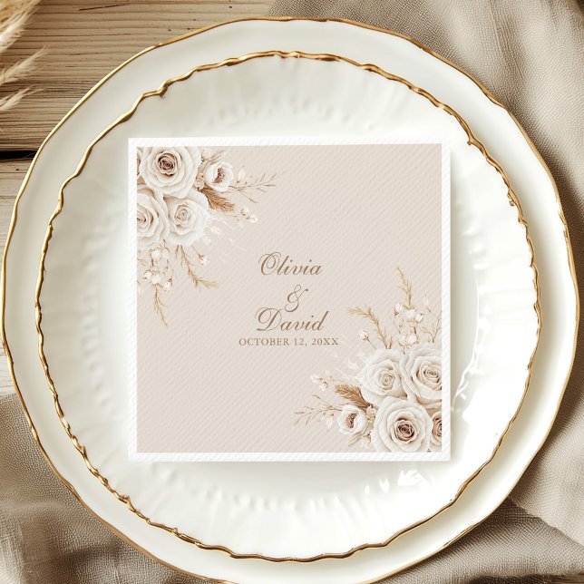 Elegant Ivory Rose Wedding Napkin (Elegant Ivory Rose Wedding Napkin on an elegant gold and white wedding porcelain plate)
