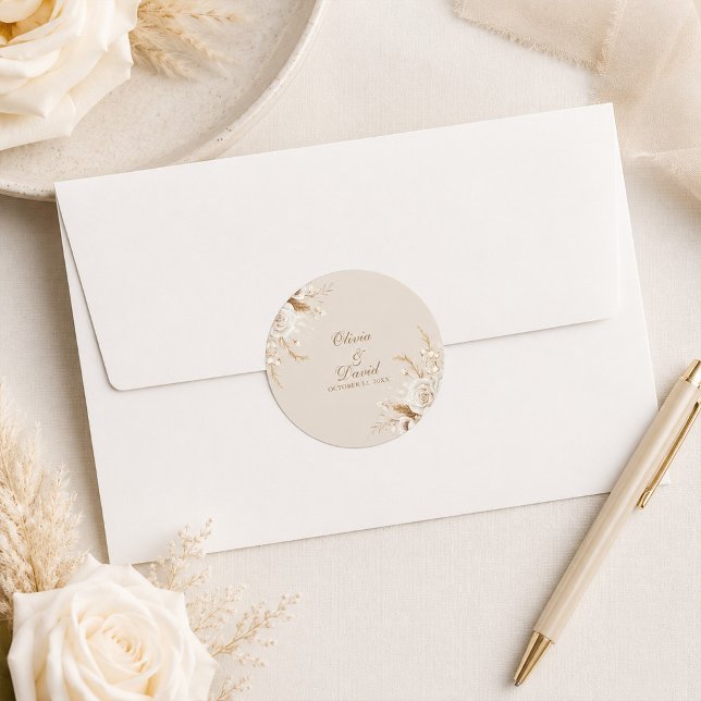 Elegant Ivory Rose Wedding Round Sticker (Elegant Ivory Rose Wedding Round Sticker on a table with ivory roses.)