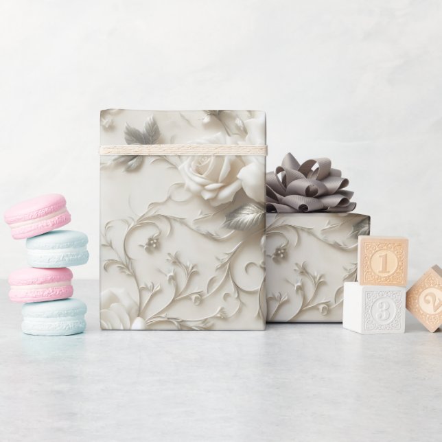 Elegant Ivory Rose with Silver Floral design Wrapping Paper (Baby Shower)