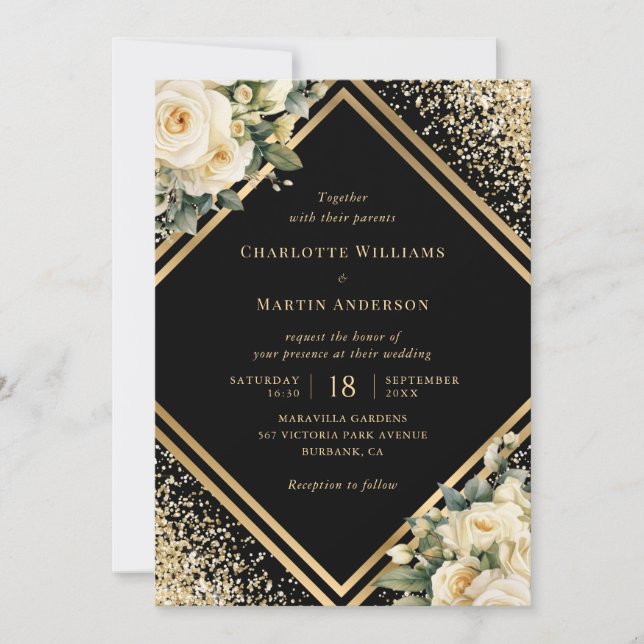 Elegant Ivory Roses Black Gold Floral Wedding Invitation (Front)
