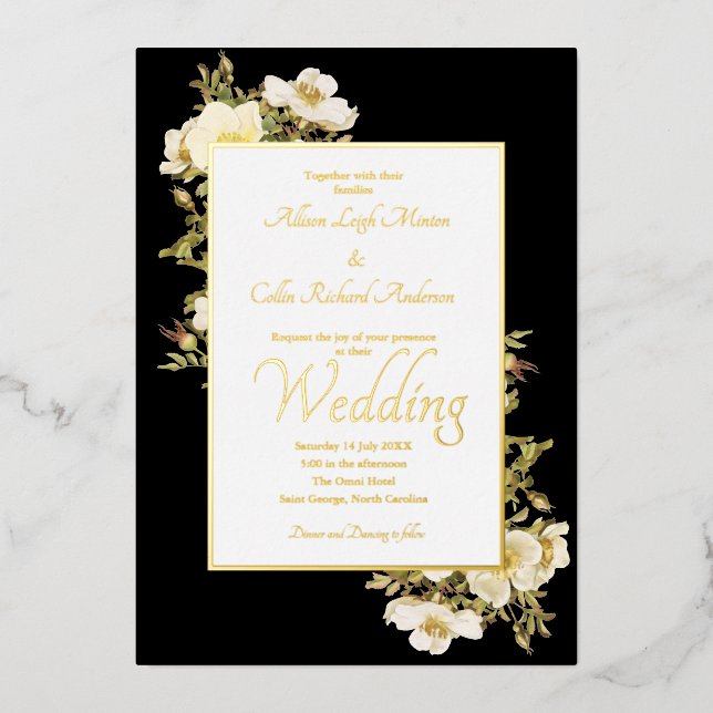 Elegant Ivory Roses Black Lux Foil Invitation (Front)