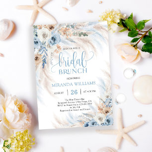 Elegant Ivory Roses Blue Floral Bridal Brunch Invitation
