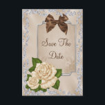 Elegant Ivory Roses & Bows 60th Save The Date<br><div class="desc">Beautiful custom 60th birthday party save the date invitation for women. Elegant, glamorous and sophisticated custom personalized 60th birthday party save the date, with 2 pretty romantic ivory roses and greenery, behind is a lovely silver framed tapestry background in a sand color with a pretty brown satin bow on the...</div>
