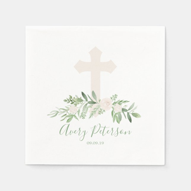 Elegant Ivory Roses Cross First Holy Communion Napkins (Front)
