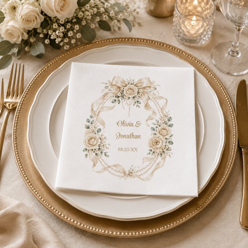 Elegant Ivory Roses, Eucalyptus, Pearls Wedding Napkins