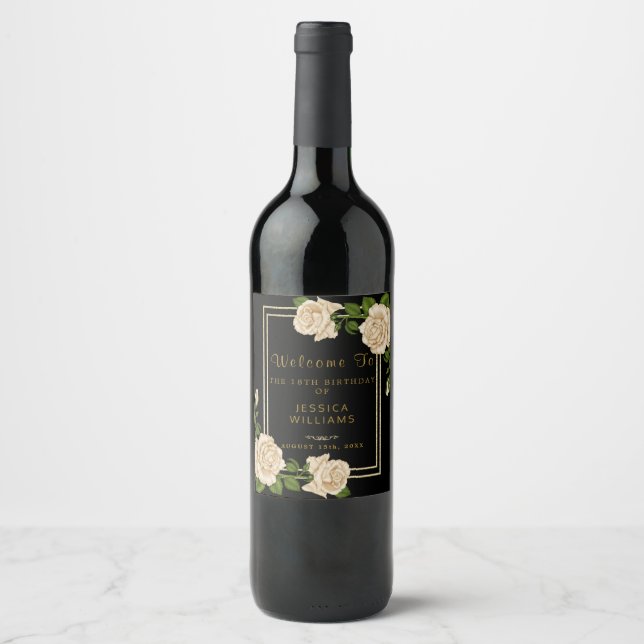 Elegant Ivory Roses & Gold Glitter 18th Birthday Wine Label (Front)