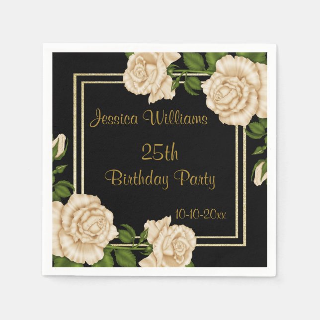 Elegant Ivory Roses & Gold Glitter 25th Birthday Napkins (Front)